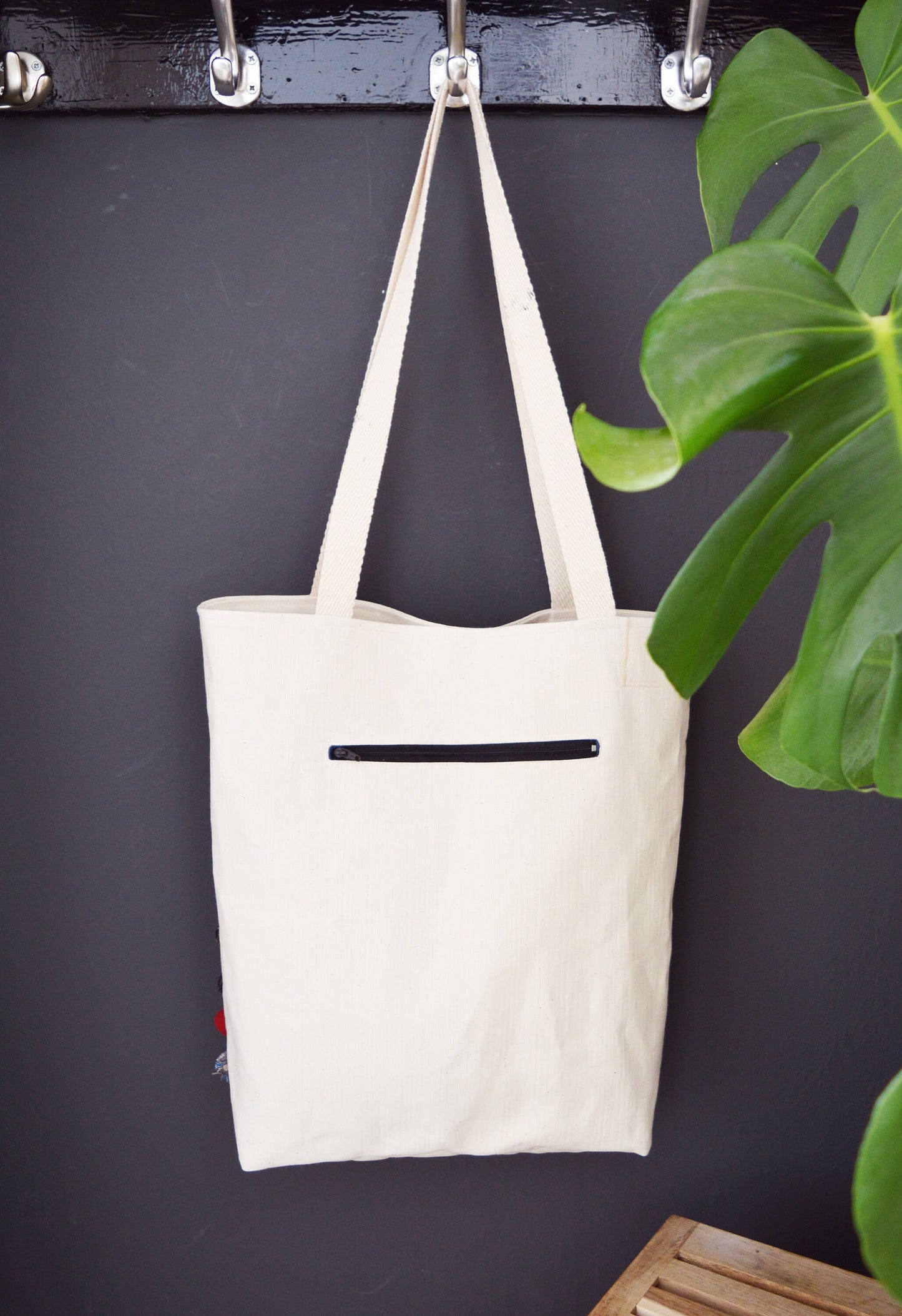 Colorful multi coloured canvas tote shopper bag beach bag beige rainbow hearts vegan bag tote bag happy hippie fun bag