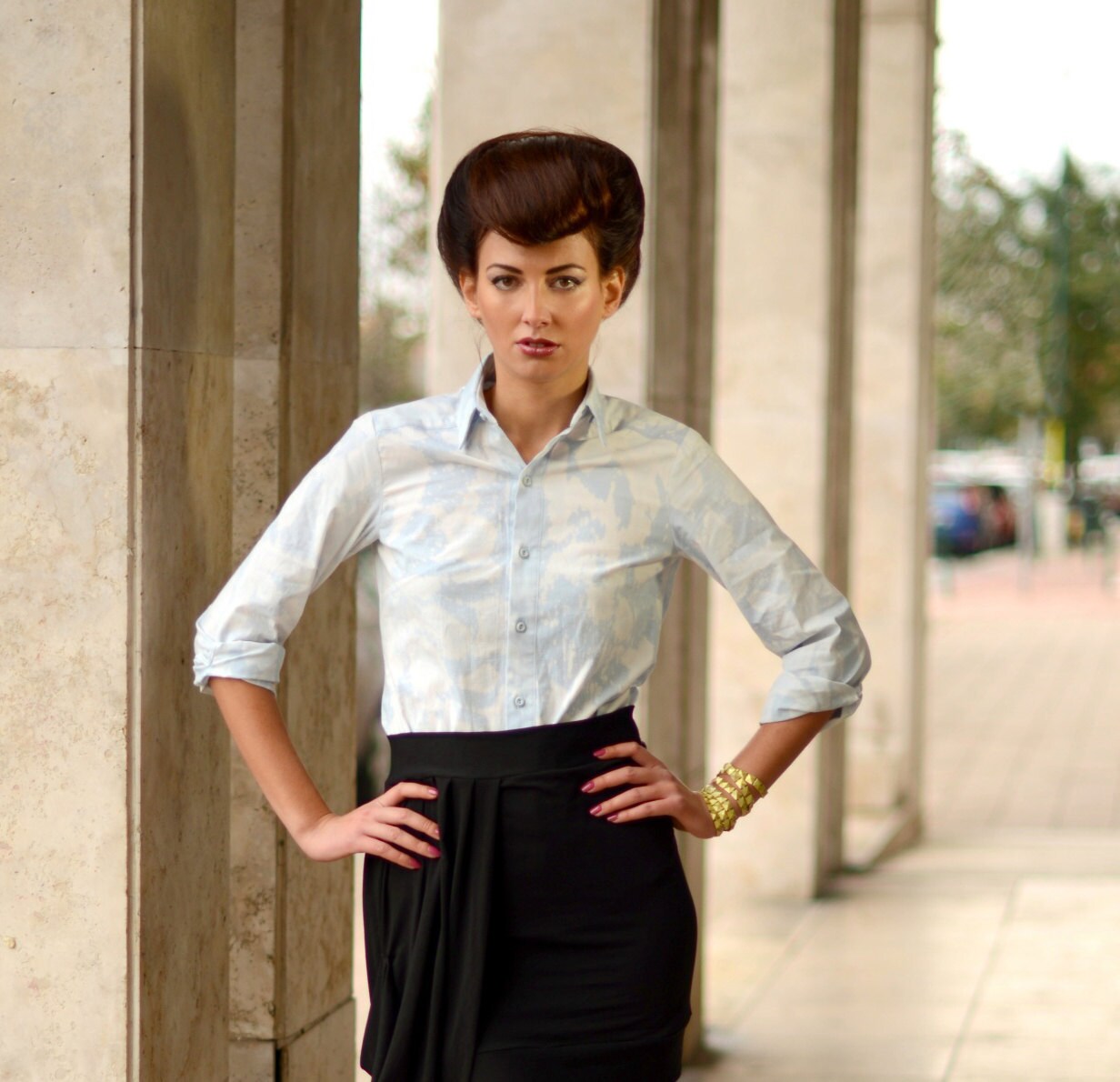 Marble classic ladies blouse bleached white blue long sleeves blouse office wear everyday classy blouse SALE!