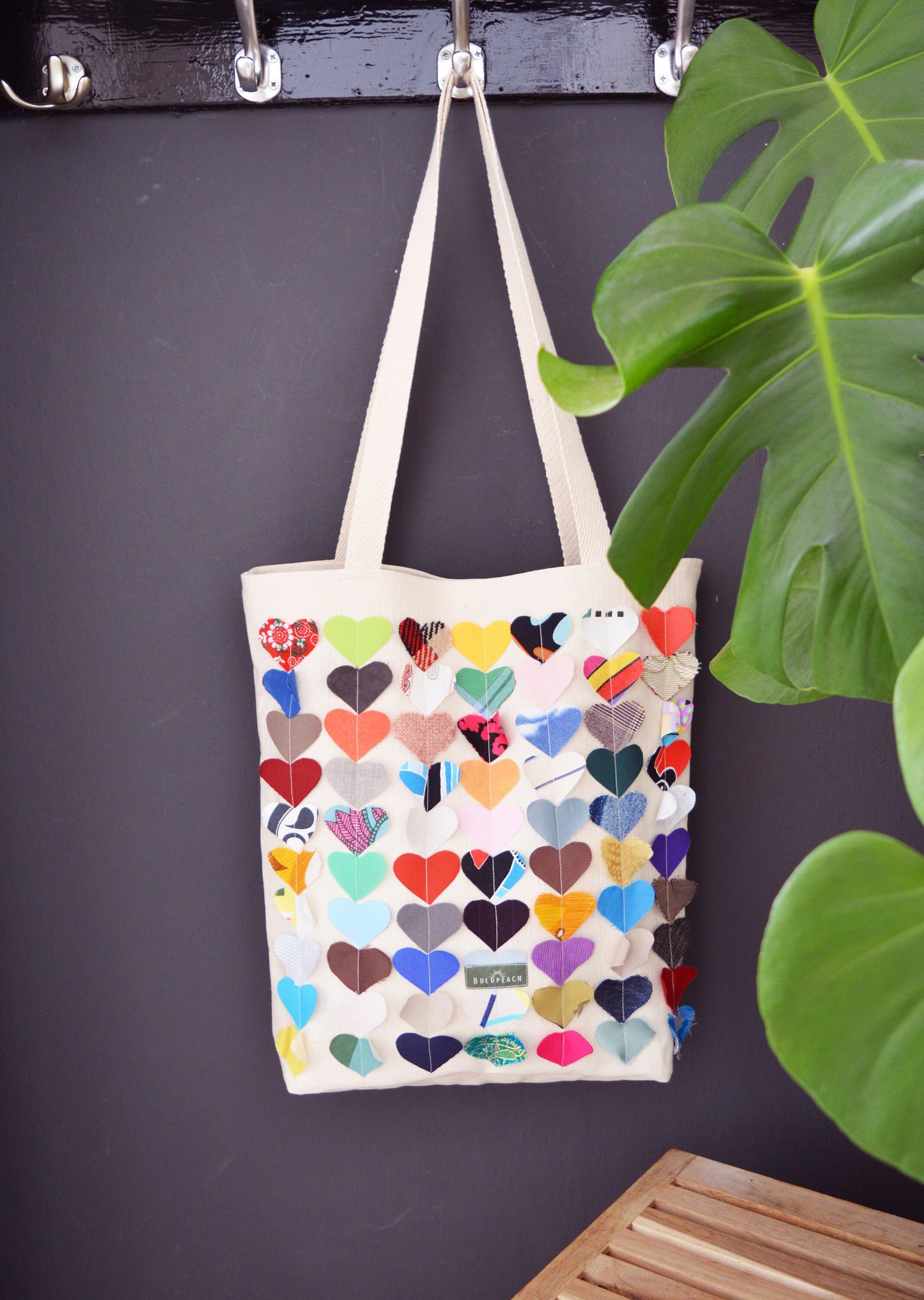 Colorful multi coloured canvas tote shopper bag beach bag beige rainbow hearts vegan bag tote bag happy hippie fun bag