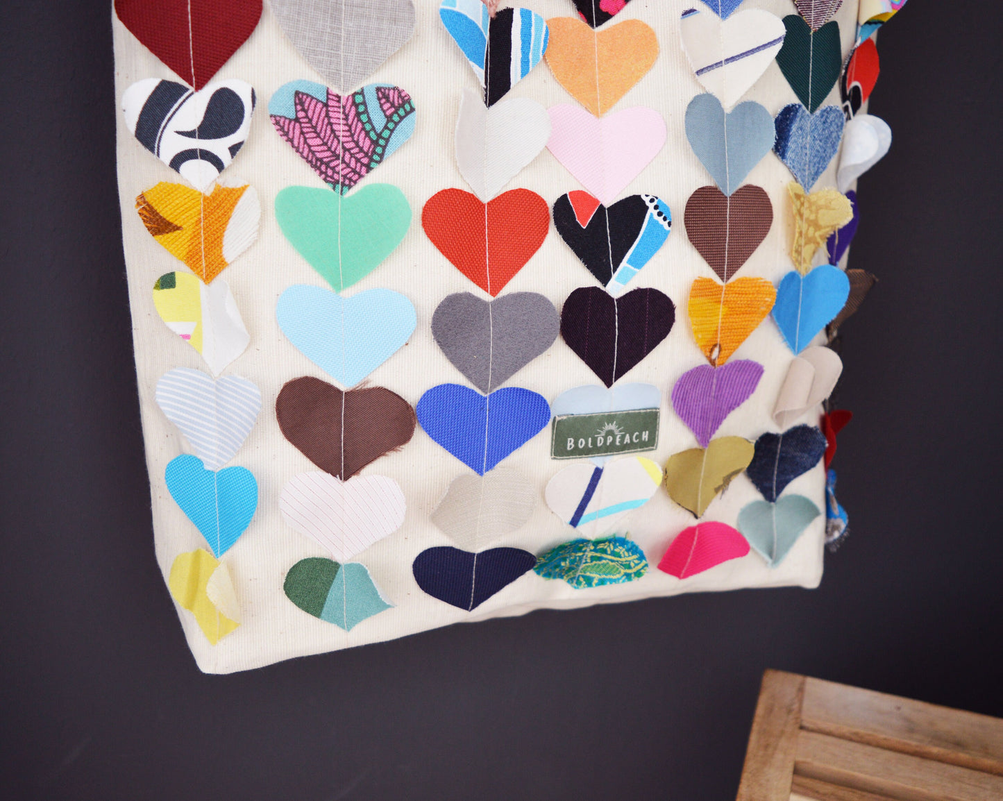 Colorful multi coloured canvas tote shopper bag beach bag beige rainbow hearts vegan bag tote bag happy hippie fun bag