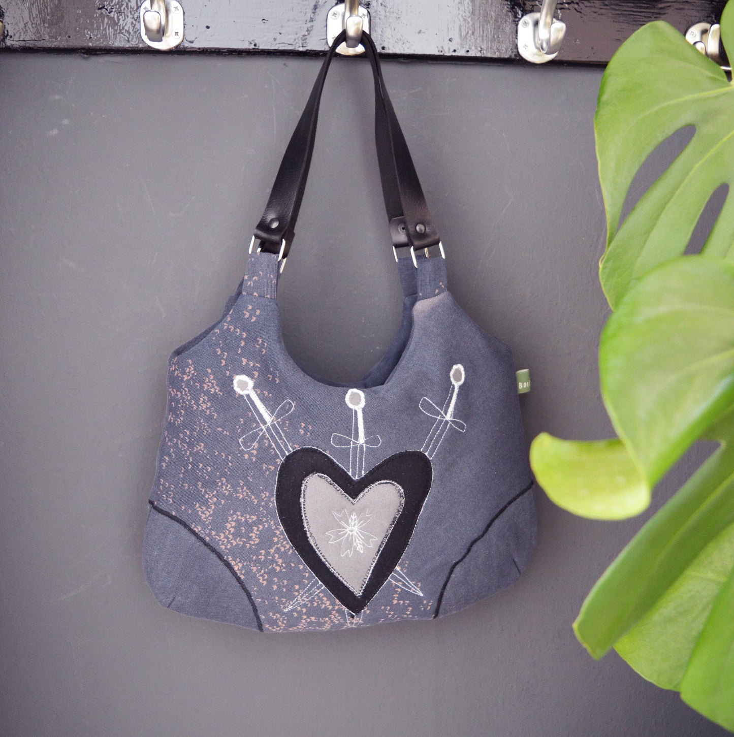 Gray purse with heart and swords cool medium purse handbag shoulder bag canvas bag everyday purse alternative old school tattoo style