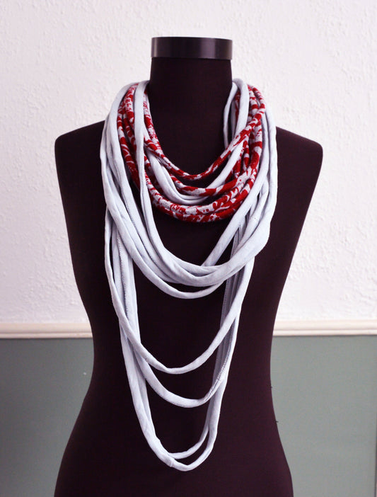 SALE Grey red necklace neck ornament loop scarf infinity scarf round scarf burgundy light blue playful