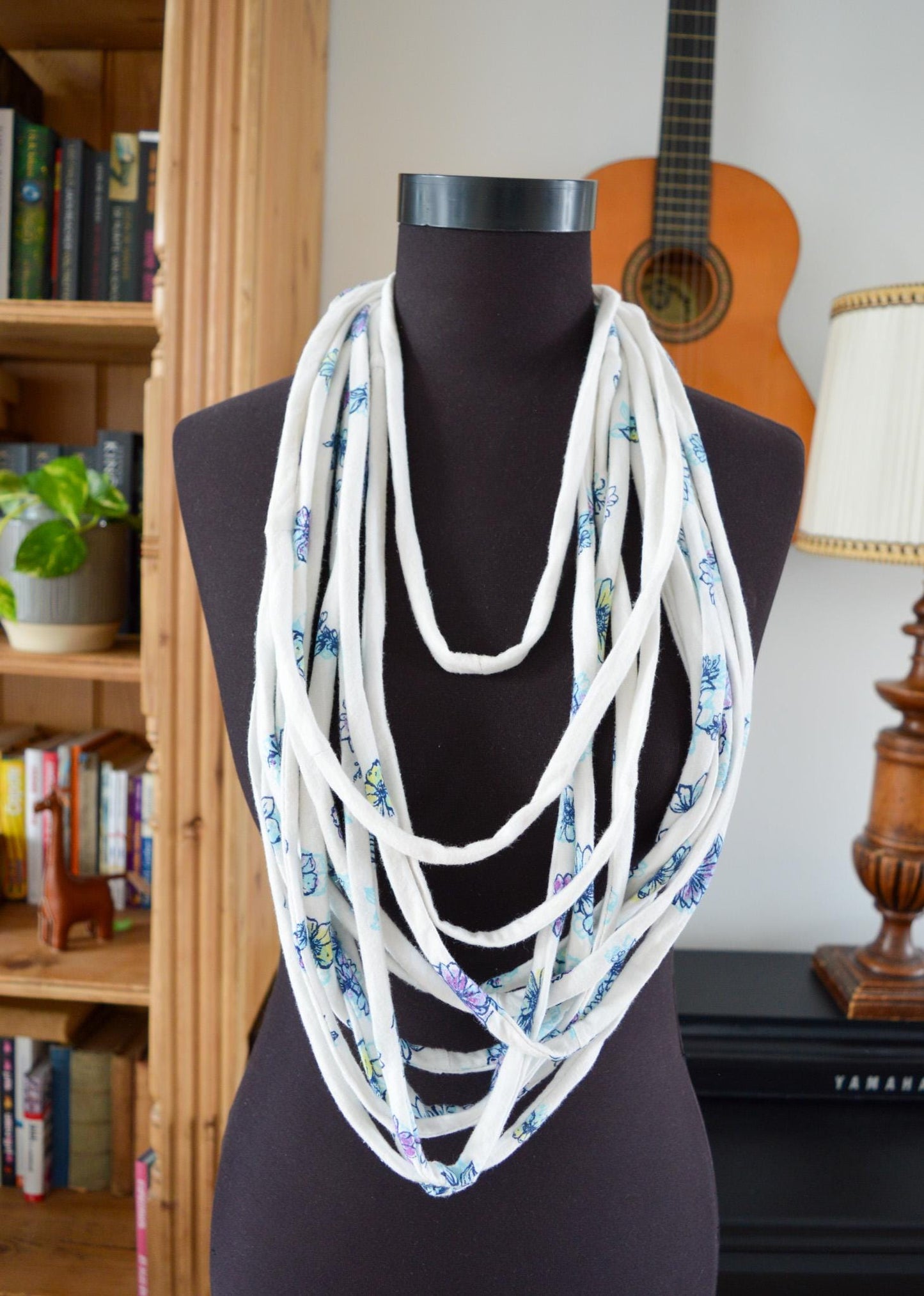 SALE White floral necklace neck ornament loop scarf infinity scarf round scarf OOAK shabby chic boho hippie scarf