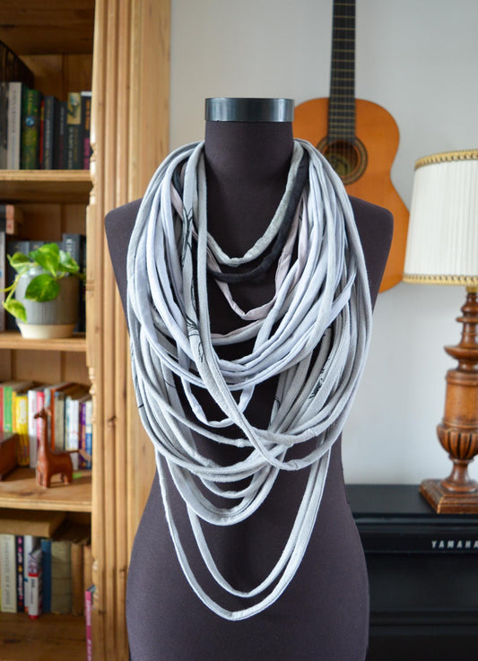 SALE Grey necklace neck ornament loop scarf infinity scarf round scarf OOAK upcycled