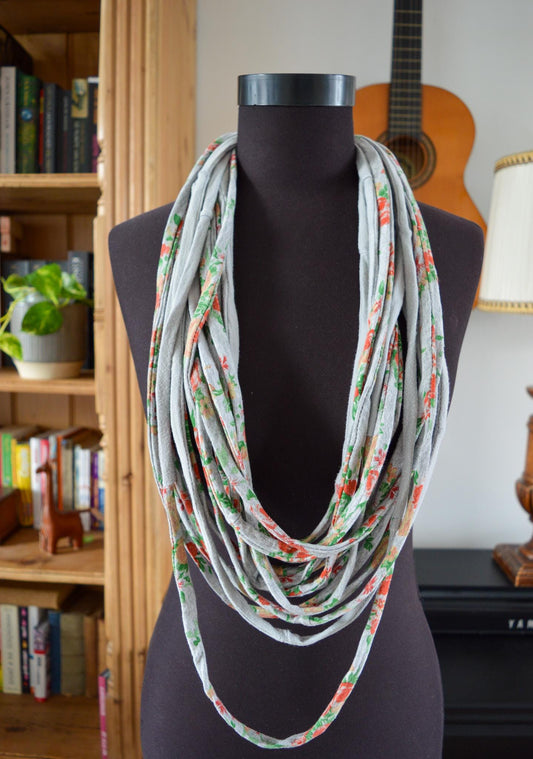 SALE Grey necklace neck ornament loop scarf infinity scarf round scarf OOAK floral gray