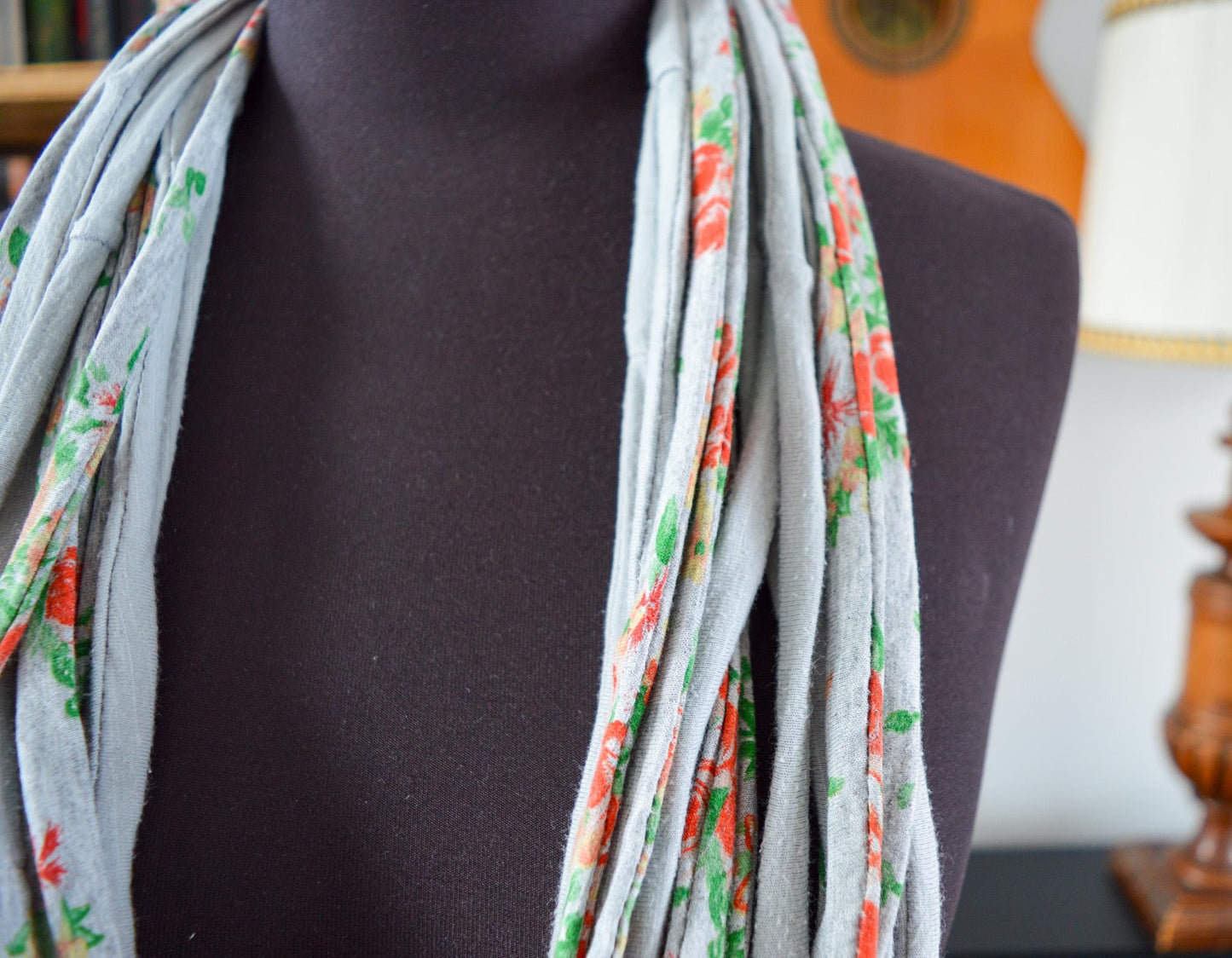 SALE Grey necklace neck ornament loop scarf infinity scarf round scarf OOAK floral gray