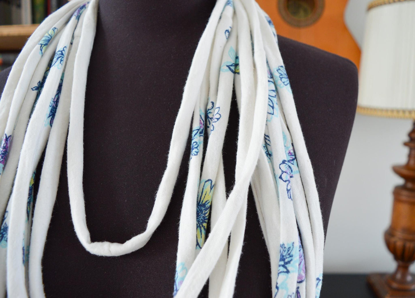 SALE White floral necklace neck ornament loop scarf infinity scarf round scarf OOAK shabby chic boho hippie scarf