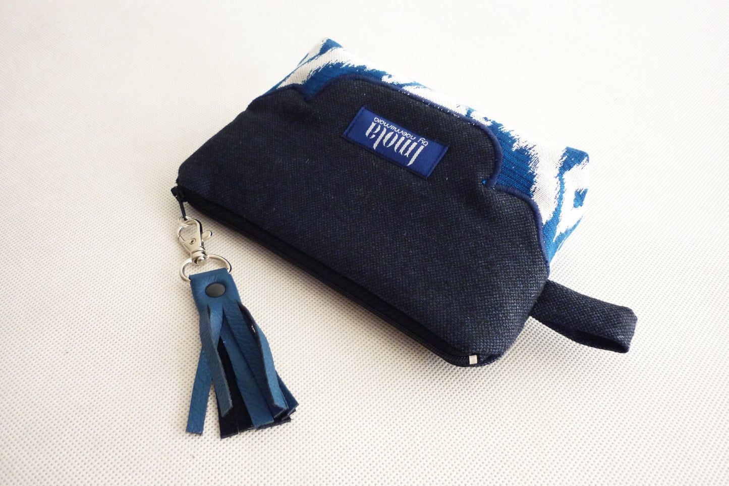 SALE Cosmetic bag pouch pencil pouch beauty bag pencil case makeup bag zipper pouch dark blue tribal damask brocade leather tassel