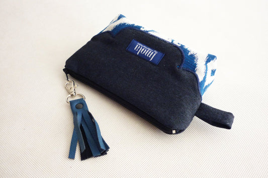 SALE Cosmetic bag pouch pencil pouch beauty bag pencil case makeup bag zipper pouch dark blue tribal damask brocade leather tassel