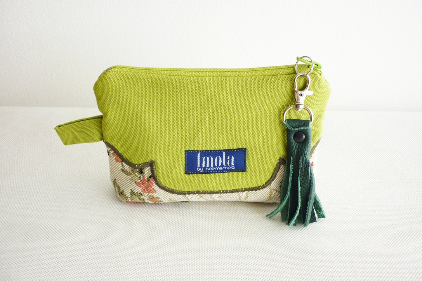Cosmetic bag pouch pencil pouch beauty bag pencil case makeup bag zipper pouch lime green beige damask brocade leather tassel greenery