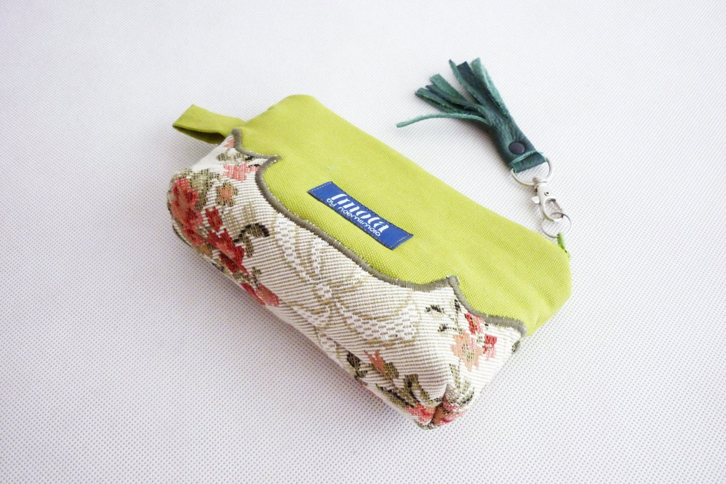 Cosmetic bag pouch pencil pouch beauty bag pencil case makeup bag zipper pouch lime green beige damask brocade leather tassel greenery