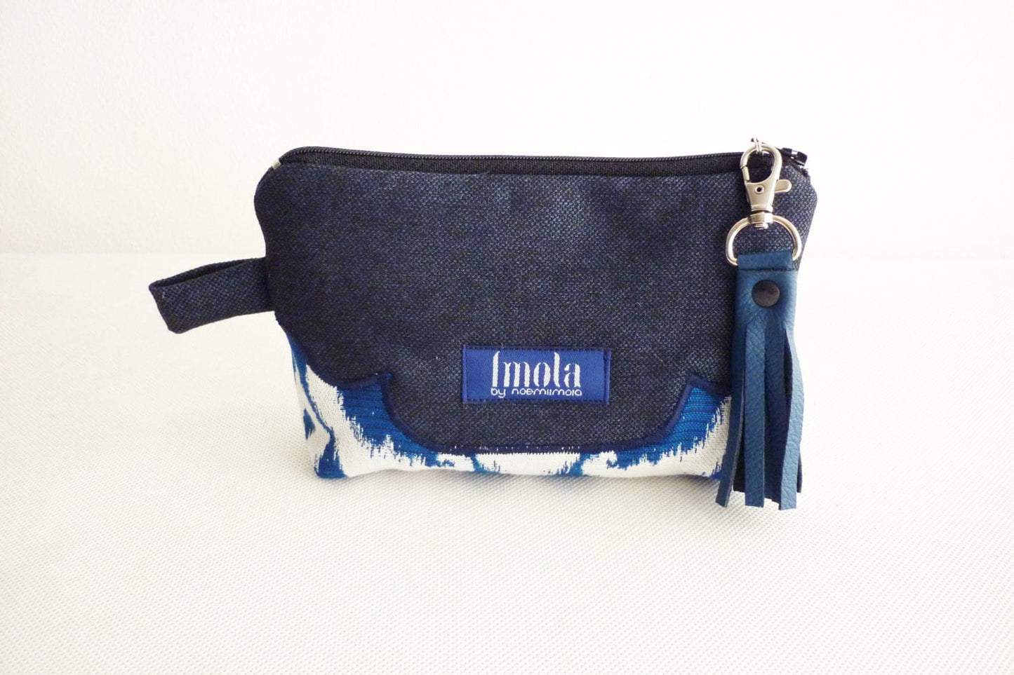 SALE Cosmetic bag pouch pencil pouch beauty bag pencil case makeup bag zipper pouch dark blue tribal damask brocade leather tassel