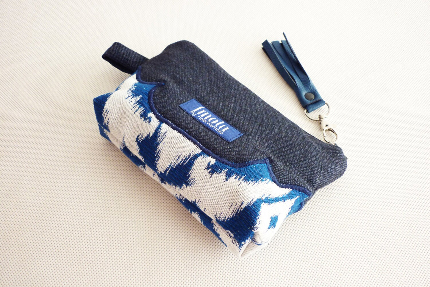 SALE Cosmetic bag pouch pencil pouch beauty bag pencil case makeup bag zipper pouch dark blue tribal damask brocade leather tassel