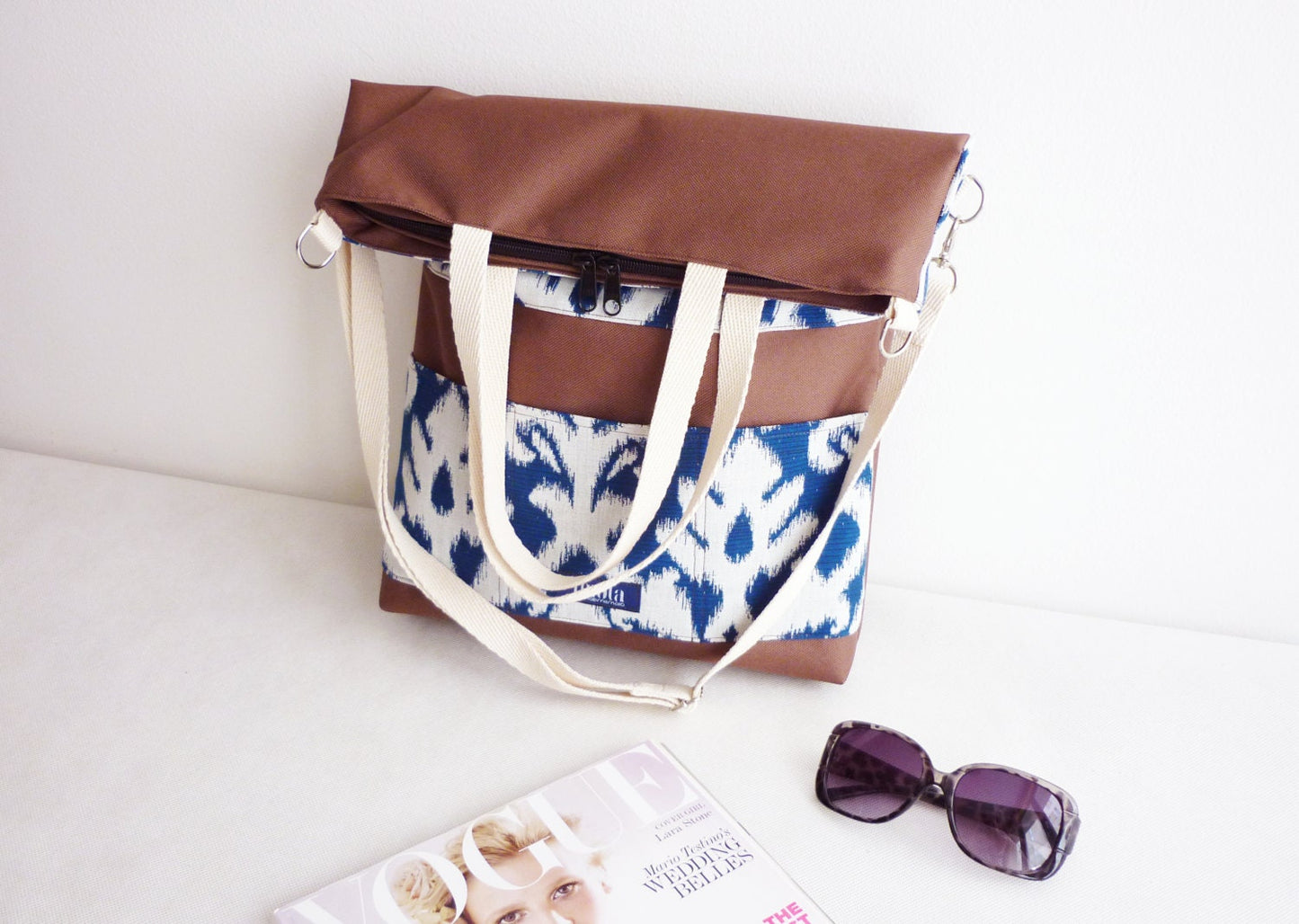 Large fold over canvas tote bag shopping bag casual fold over tote school bag brown damask brocade baroque book bag classy bag for women