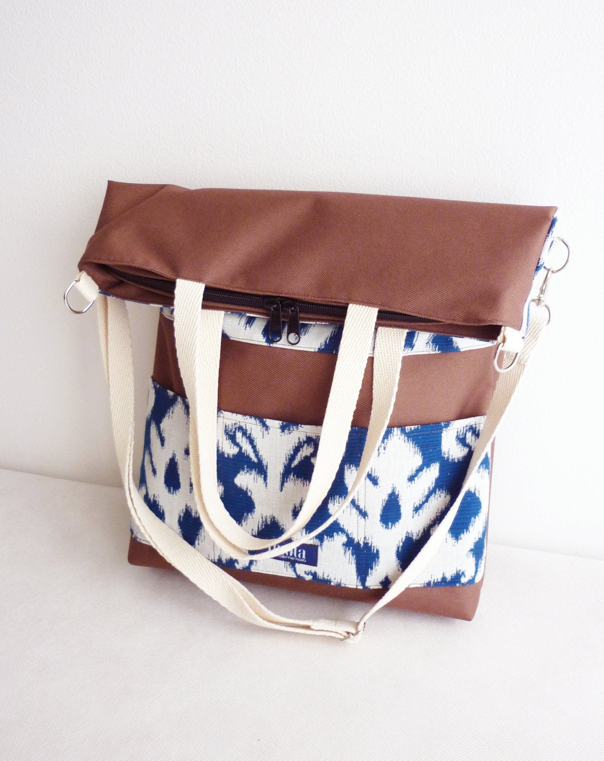 Large fold over canvas tote bag shopping bag casual fold over tote school bag brown damask brocade baroque book bag classy bag for women