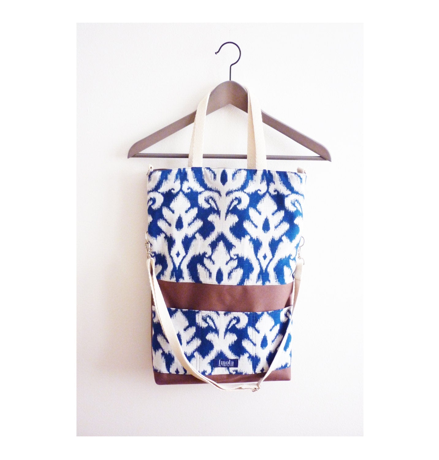 Large fold over canvas tote bag shopping bag casual fold over tote school bag brown damask brocade baroque book bag classy bag for women