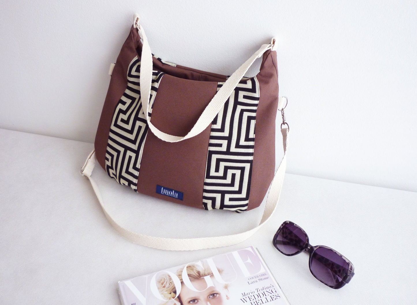 Brown purse greek labyrinth black white medium crossbody purse handbag shoulder bag crossbody bag country cottage chic western style classy