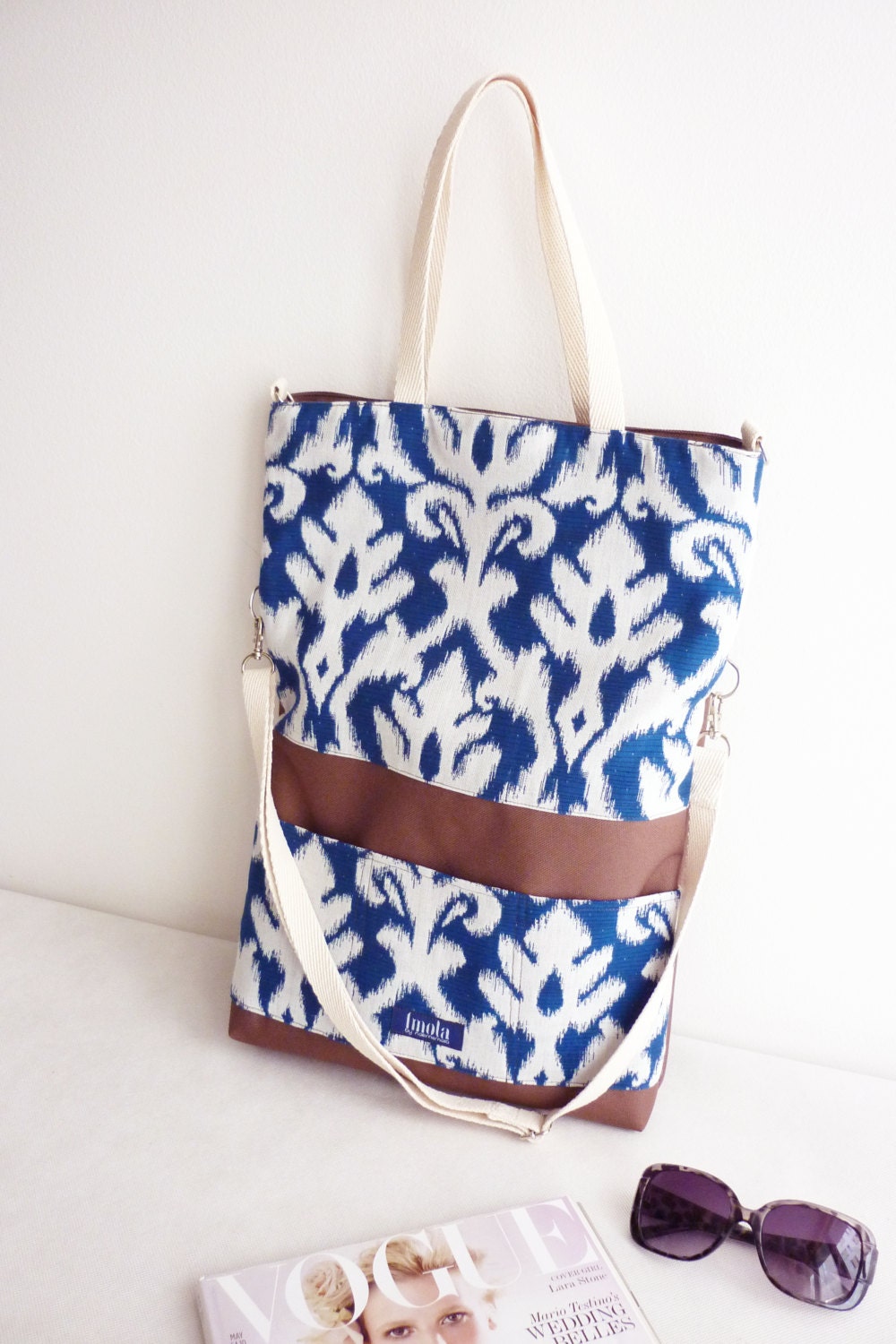 Large fold over canvas tote bag shopping bag casual fold over tote school bag brown damask brocade baroque book bag classy bag for women