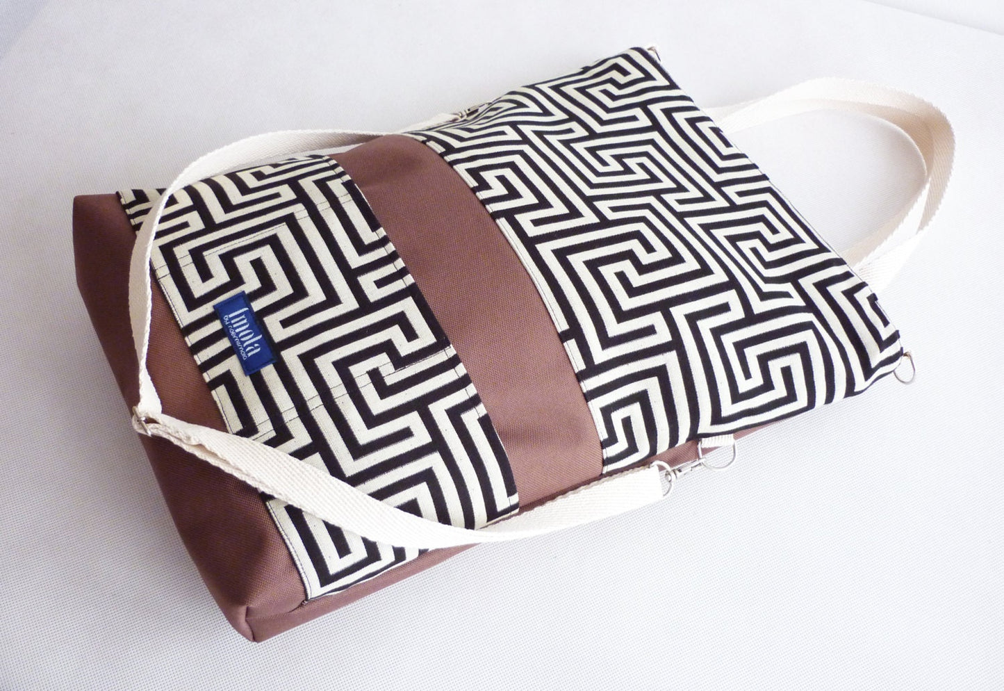 Large fold over canvas tote bag shopping bag casual fold over tote vegan school bag brown greek labyrinth pattern classy book bag for women