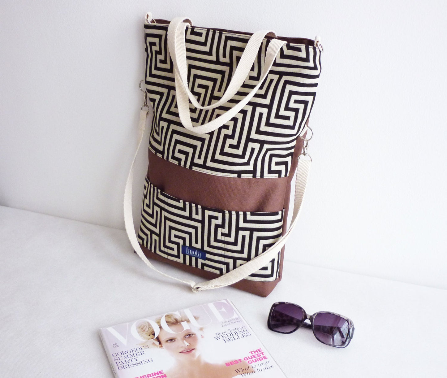 Large fold over canvas tote bag shopping bag casual fold over tote vegan school bag brown greek labyrinth pattern classy book bag for women