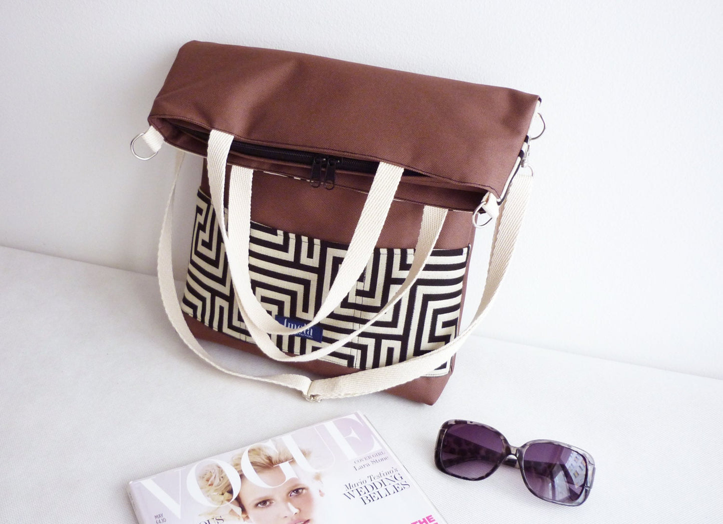 Large fold over canvas tote bag shopping bag casual fold over tote vegan school bag brown greek labyrinth pattern classy book bag for women