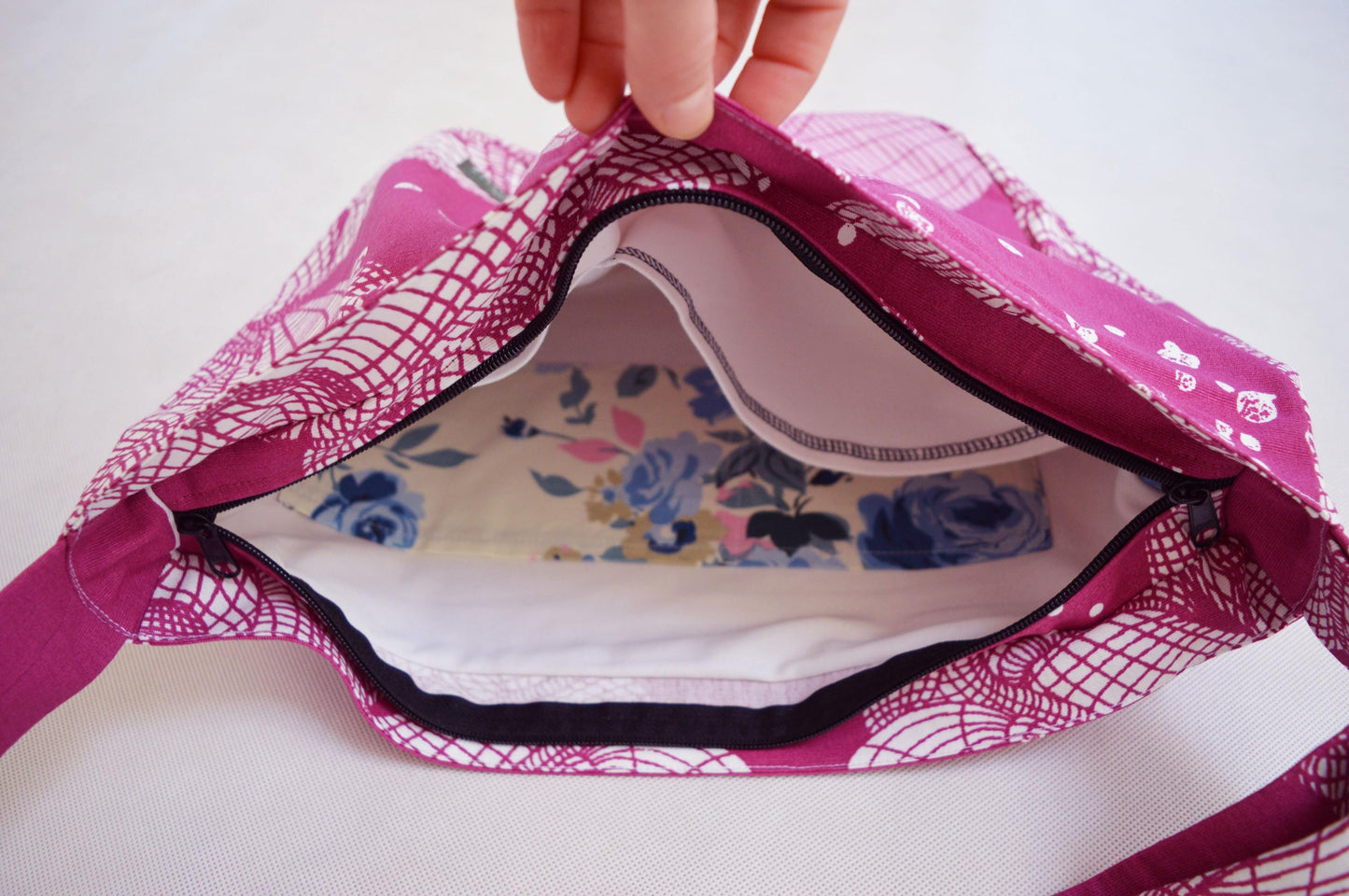 Fuchsia pink white bird print crossbody bag bike messenger bag