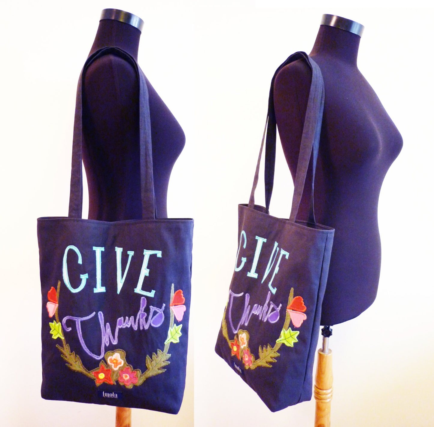 SALE Thanksgiving canvas tote shopper bag dark gray give thanks thankful applique flower wreath