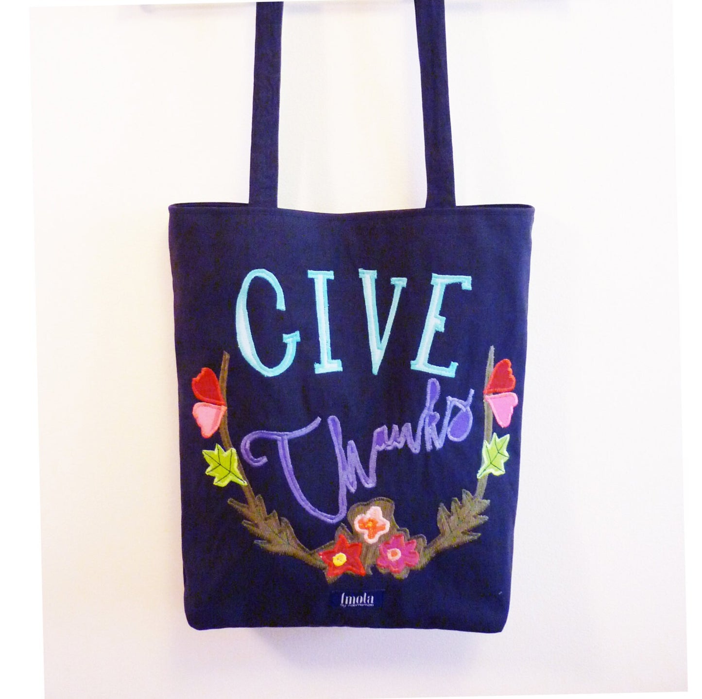 SALE Thanksgiving canvas tote shopper bag dark gray give thanks thankful applique flower wreath