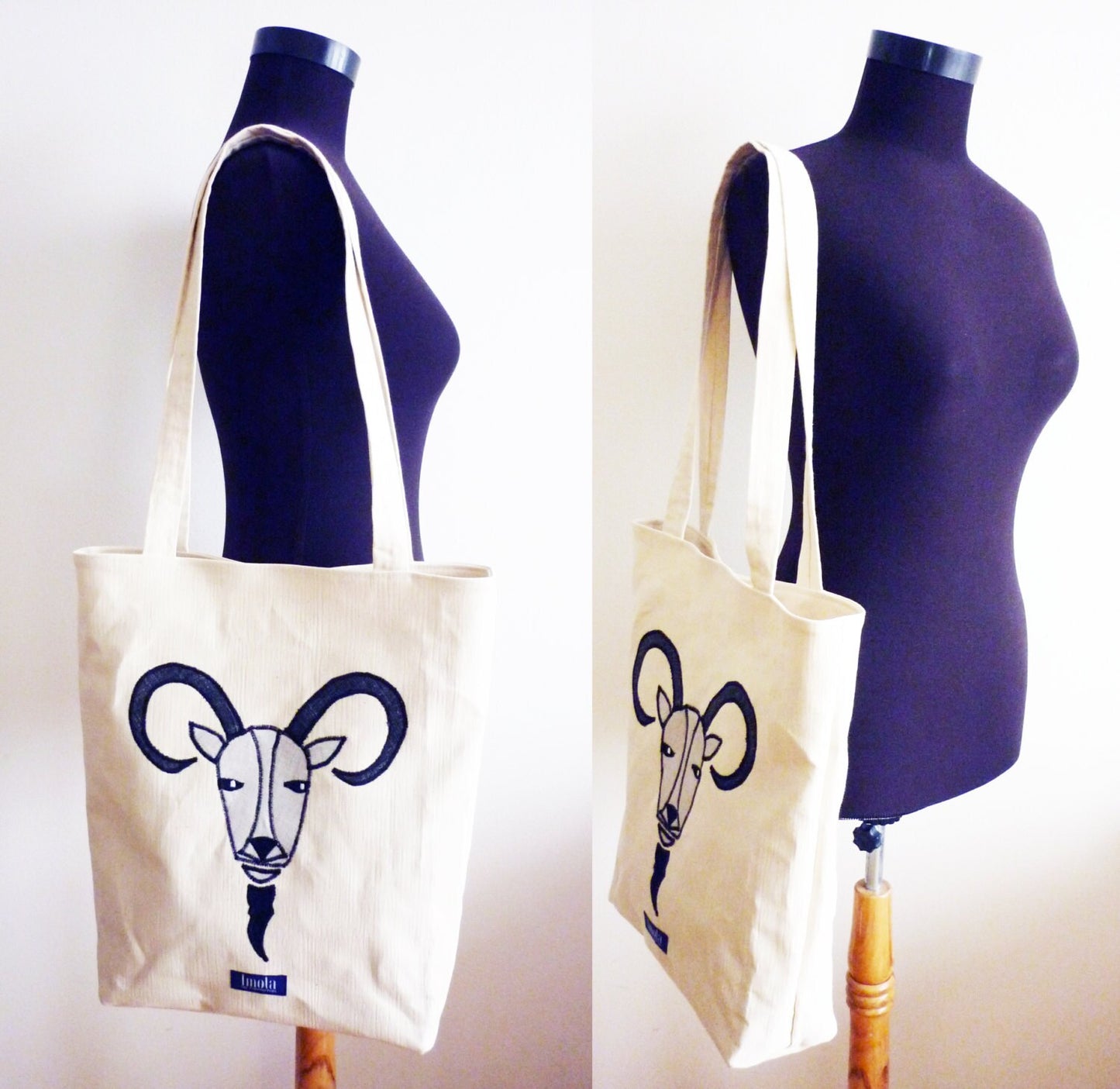 Goat canvas tote shopper bag beige applicated ram sheep aries ox totem