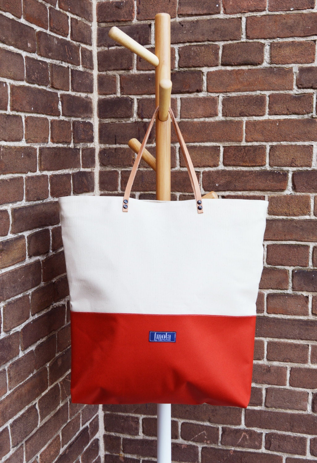 Large canvas tote shopping bag casual tote school bag orange brick red beige book bag weekender bag beige real leather strap women fiesta