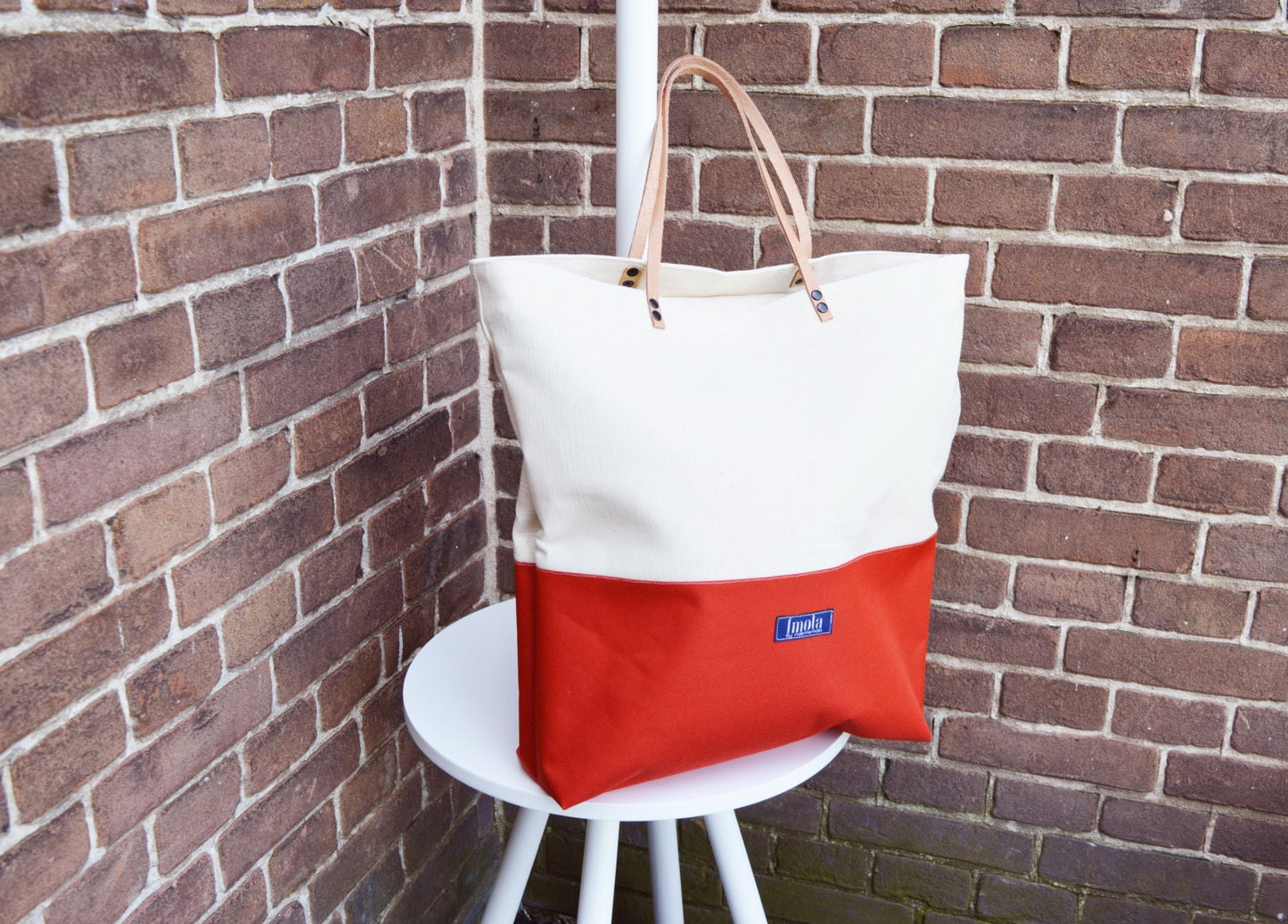 Large canvas tote shopping bag casual tote school bag orange brick red beige book bag weekender bag beige real leather strap women fiesta