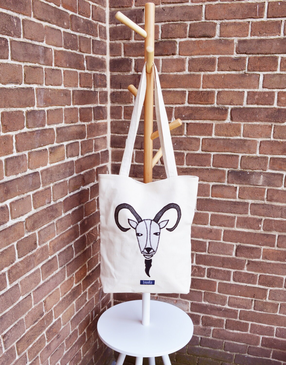 Goat canvas tote shopper bag beige applicated ram sheep aries ox totem