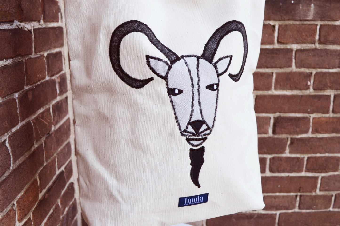 Goat canvas tote shopper bag beige applicated ram sheep aries ox totem