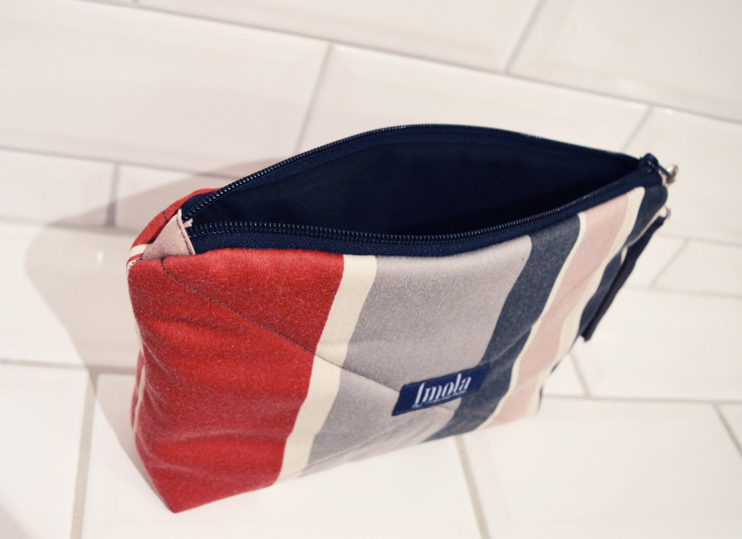 Cosmetic bag pouch pencil pouch beauty bag pencil case makeup bag zipper pouch striped eco-friendly upcycled with brown leather tassel