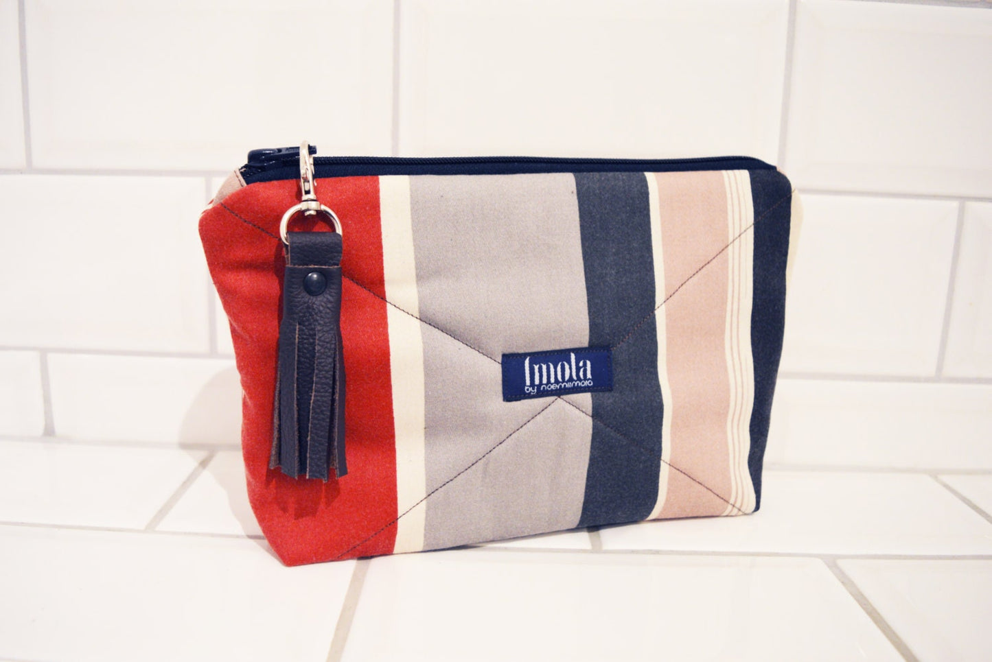 Cosmetic bag pouch pencil pouch beauty bag pencil case makeup bag zipper pouch striped eco-friendly upcycled with brown leather tassel