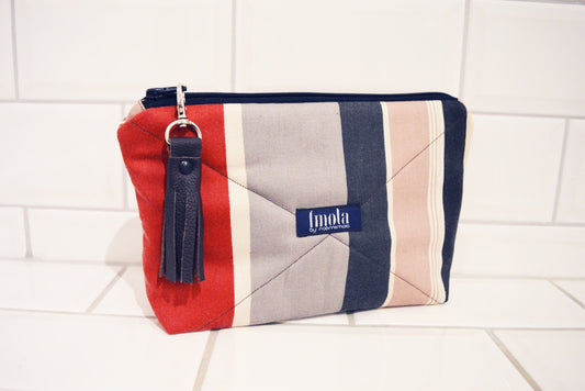 Cosmetic bag pouch pencil pouch beauty bag pencil case makeup bag zipper pouch striped eco-friendly upcycled with brown leather tassel