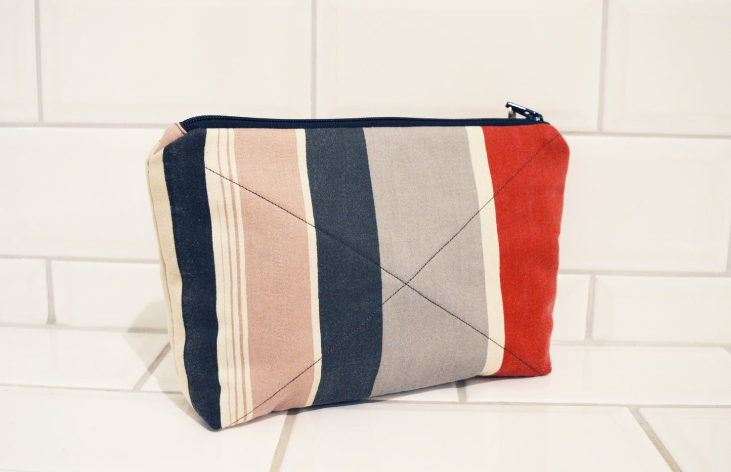 Cosmetic bag pouch pencil pouch beauty bag pencil case makeup bag zipper pouch striped eco-friendly upcycled with brown leather tassel