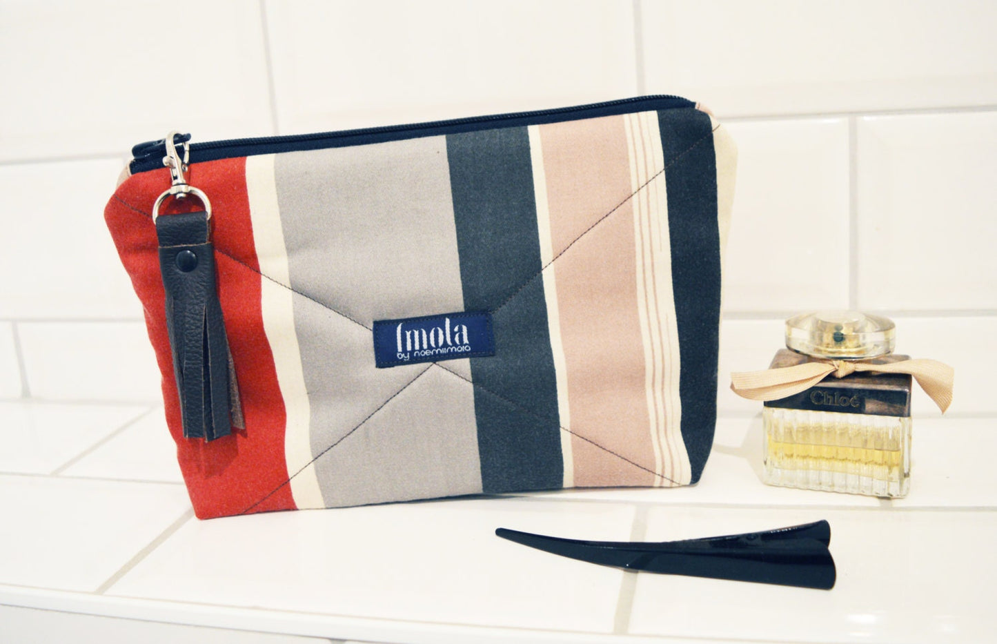 Cosmetic bag pouch pencil pouch beauty bag pencil case makeup bag zipper pouch striped eco-friendly upcycled with brown leather tassel