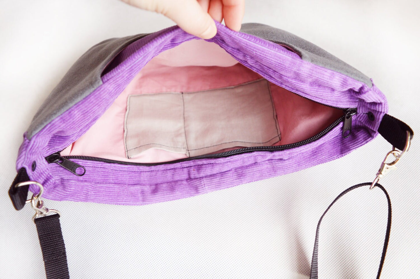 Purple gray purse crossbody bag concealed carry purse messenger bag canvas bag shoulder bag hobo bag grey plum purse corduroy purse bag OOAK