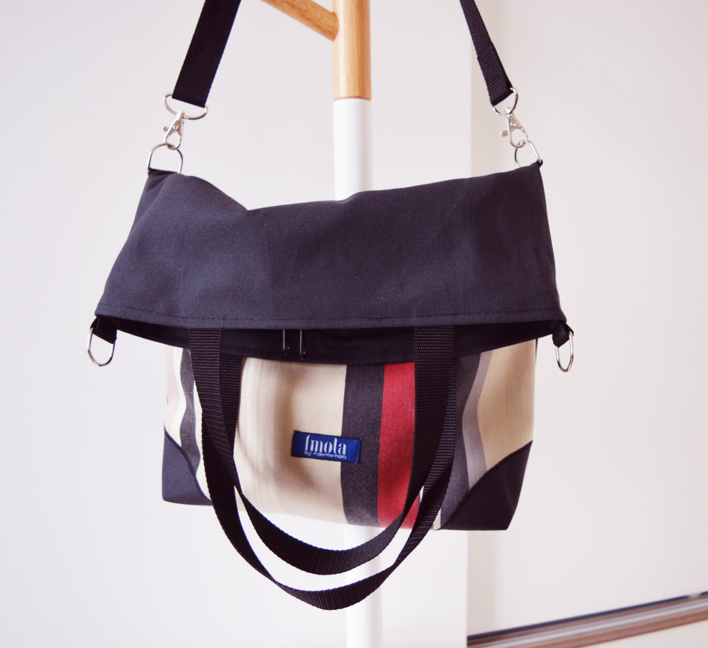 Large fold over canvas tote bag shopping bag casual fold over tote vegan school bag dark gray and upcycled striped book bag variable tote