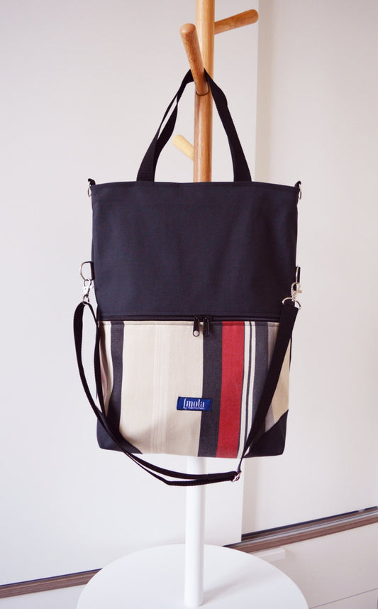 Large fold over canvas tote bag shopping bag casual fold over tote vegan school bag dark gray and upcycled striped book bag variable tote