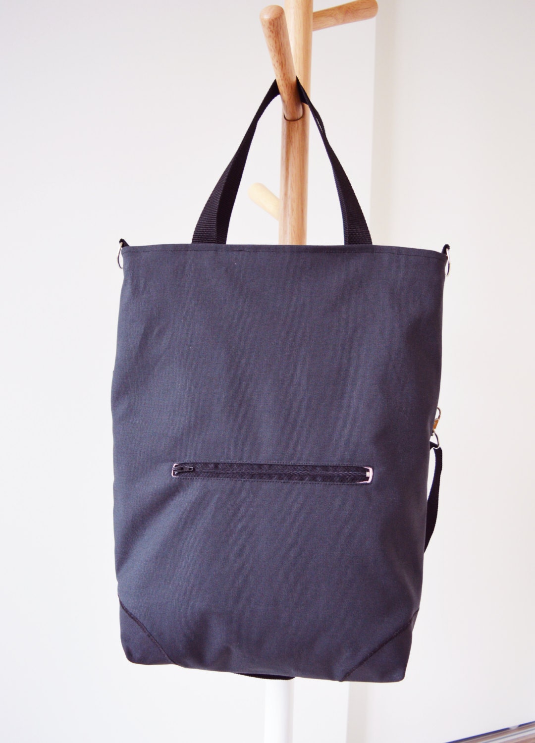 Large fold over canvas tote bag shopping bag casual fold over tote vegan school bag dark gray and upcycled striped book bag variable tote
