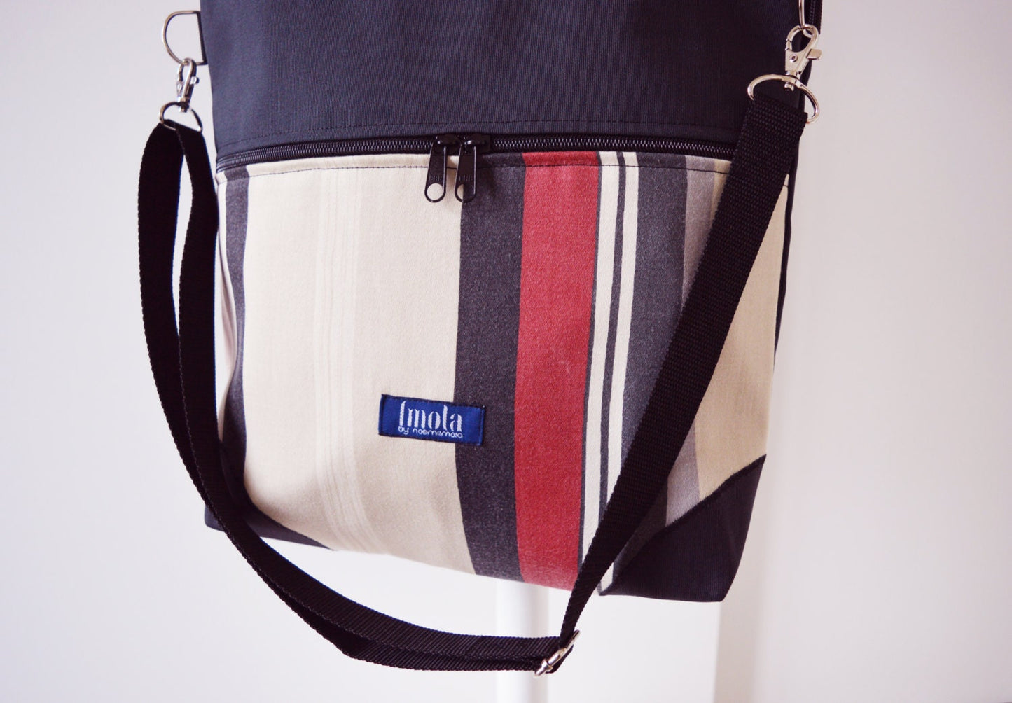 Large fold over canvas tote bag shopping bag casual fold over tote vegan school bag dark gray and upcycled striped book bag variable tote