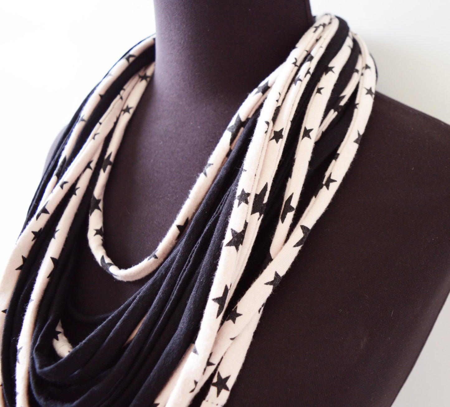 SALE! Black stars necklace neck ornament loop scarf infinity scarf round scarf hoop star off white cream beige and black