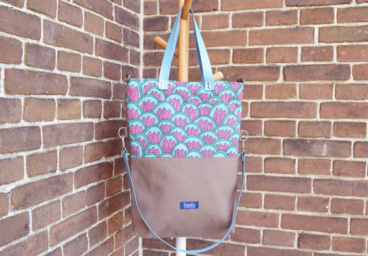 Large fold over canvas tote bag shopping bag casual fold over tote school bag brown and leaves book bag variable tote leaf nature bag field